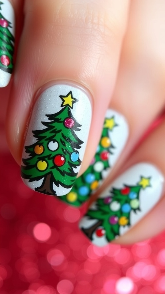Close-up of Christmas tree nail art with green tree and colorful ornaments on festive background.